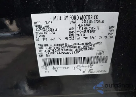 2016 Ford Edge Sport from USA, damaged, VIN 2FMPK4AP2GBC33250